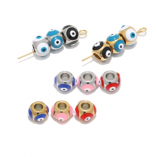 Bild von 304 Edelstahl Religiös Perlen Rund Bunt Böser Blick Evil Eye Emaille 8mm x 6mm, Loch: ca. 3.2mm, 2 Stück