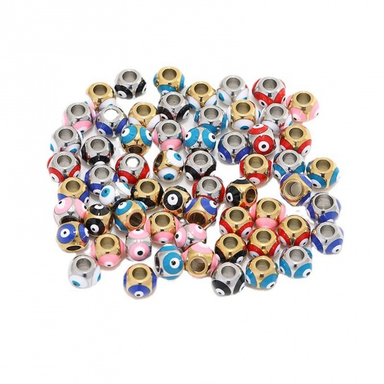 Bild von 304 Edelstahl Religiös Perlen Rund Bunt Böser Blick Evil Eye Emaille 8mm x 6mm, Loch: ca. 3.2mm, 2 Stück