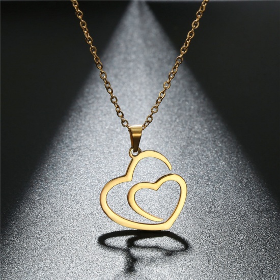 Picture of 304 Stainless Steel Valentine's Day Link Cable Chain Necklace Multicolor Heart Hollow 45cm(17 6/8") long