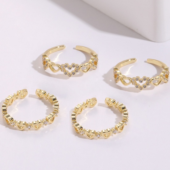 Immagine di Ecologico Dolce & Carino Elegante 14k Vero Oro Placcato Rame & Zircone Cubico Aperto Regolabile Cuore Anello Per Donne San Valentino 1 Pz