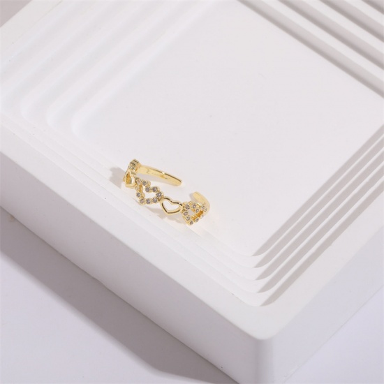 Immagine di Ecologico Dolce & Carino Elegante 14k Vero Oro Placcato Rame & Zircone Cubico Aperto Regolabile Cuore Anello Per Donne San Valentino 1 Pz