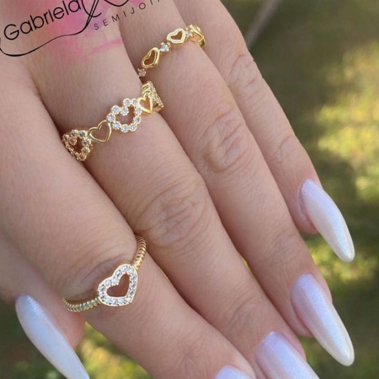 Immagine di Ecologico Dolce & Carino Elegante 14k Vero Oro Placcato Rame & Zircone Cubico Aperto Regolabile Cuore Anello Per Donne San Valentino 1 Pz