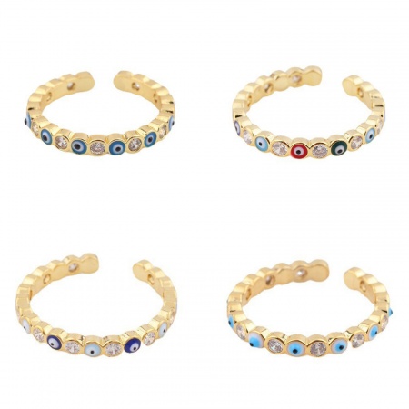 Eco-friendly Retro Stylish 14K Real Gold Plated Copper & Cubic Zirconia Open Adjustable Round Evil Eye Enamel Rings For Women