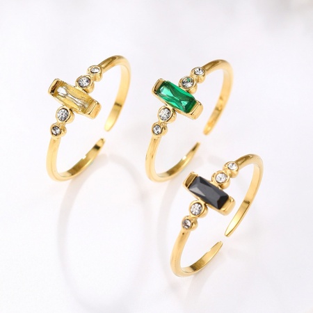 Respetuoso del Medio Ambiente Exquisito piedra del zodíaco 14K Oro Real Chapado 304 Acero Inoxidable & Circón Artificial Abierto Ajustable Rectángulo Anillos Para Mujeres 1 Unidad