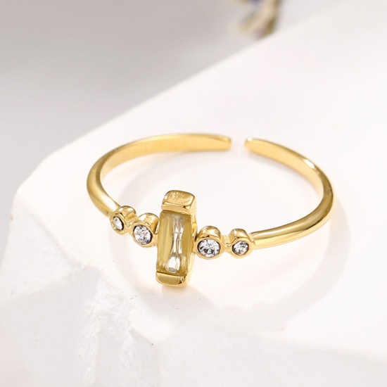 Picture of Eco-friendly Exquisite Birthstone 14K Real Gold Plated 304 Stainless Steel & Cubic Zirconia Open Adjustable Rectangle Rings For Women