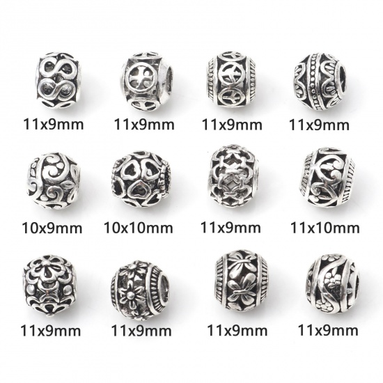 Picture of Zinc Based Alloy European Style Large Hole Charm Beads Antique Silver Color Drum Heart Hollow 10mm x 10mm