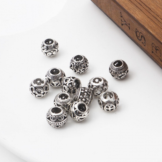 Picture of Zinc Based Alloy European Style Large Hole Charm Beads Antique Silver Color Drum Heart Hollow 10mm x 10mm
