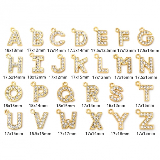 Picture of Zinc Based Alloy Micro Pave Charms Gold Plated Capital Alphabet/ Letter Message " A-Z " Clear Rhinestone