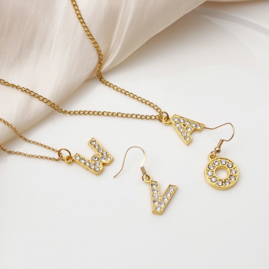 Picture of Zinc Based Alloy Micro Pave Charms Gold Plated Capital Alphabet/ Letter Message " A-Z " Clear Rhinestone
