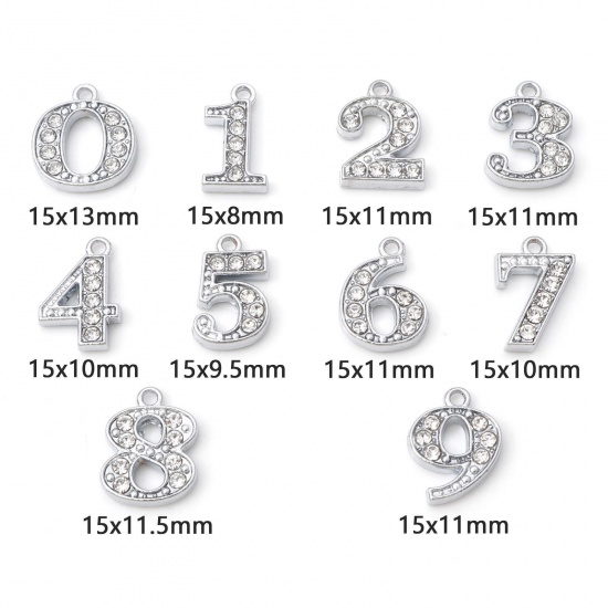 Picture of Zinc Based Alloy Micro Pave Charms Silver Tone Number Message " 0-9 " Clear Rhinestone