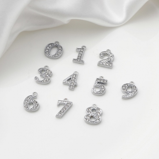 Picture of Zinc Based Alloy Micro Pave Charms Silver Tone Number Message " 0-9 " Clear Rhinestone