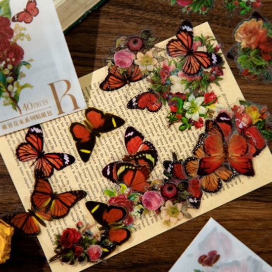 Immagine di PET Insetto DIY Decorazione Di Scrapbook Adesivi Multicolore Farfalla Fiore 6cm x 4cm, 1 Serie ( 40 Pz/Serie)
