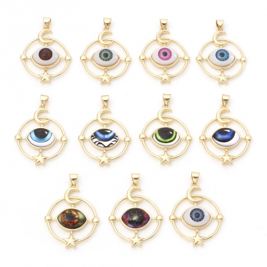 Picture of Brass Religious Pendants Gold Plated Multicolor Round Evil Eye 3.8cm x 2.6cm