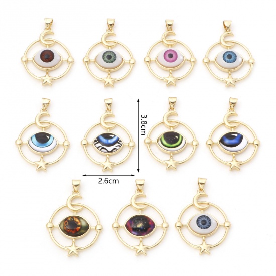 Picture of Brass Religious Pendants Gold Plated Multicolor Round Evil Eye 3.8cm x 2.6cm