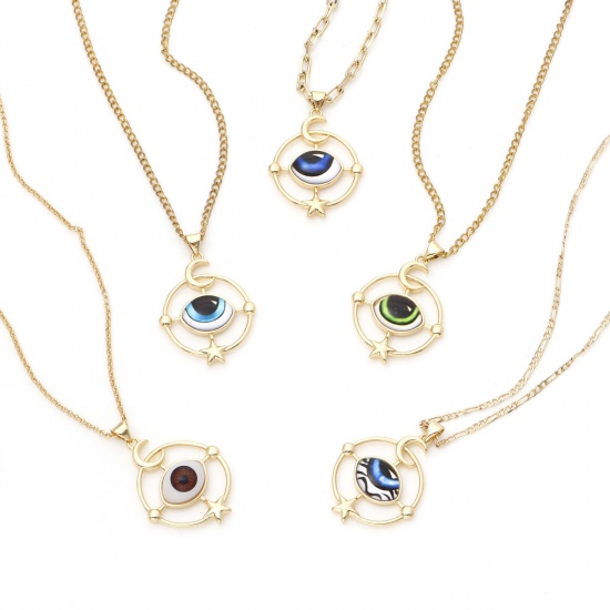 Picture of Brass Religious Pendants Gold Plated Multicolor Round Evil Eye 3.8cm x 2.6cm