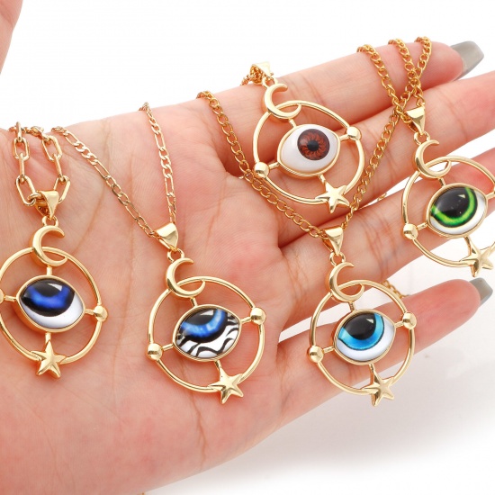 Picture of Brass Religious Pendants Gold Plated Multicolor Round Evil Eye 3.8cm x 2.6cm