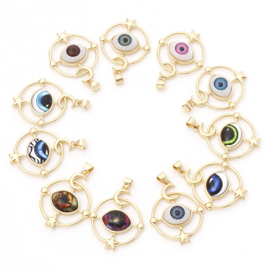 Picture of Brass Religious Pendants Gold Plated Multicolor Round Evil Eye 3.8cm x 2.6cm