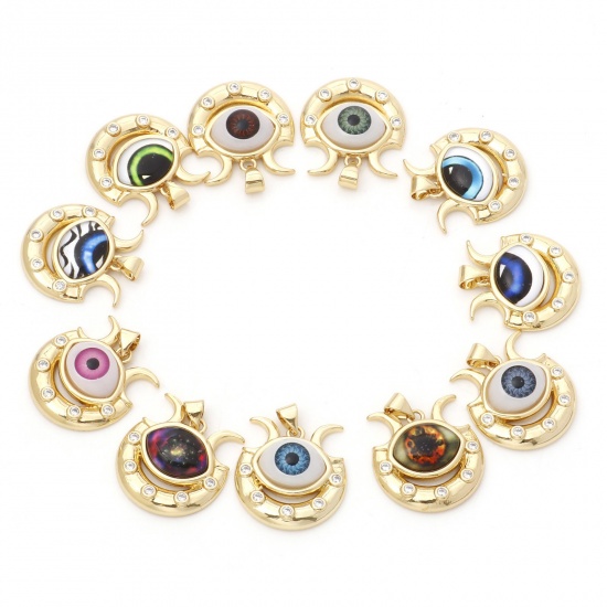 Image de 1 Pièce Pendentif Breloque Religieux en Laiton Forme de U Doré Multicolore Œil Mauvais à Zircone Cubique Clair 27mm x 22mm