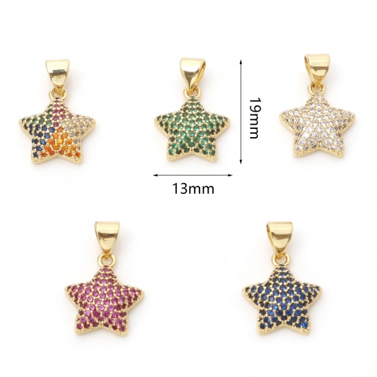 Immagine di 1 Pz Ottone Galassia Ciondoli Pendenti Stella a Cinque Punte Oro Placcato Micro Spianare Multicolore Cubic Zirconiae 19mm x 13mm