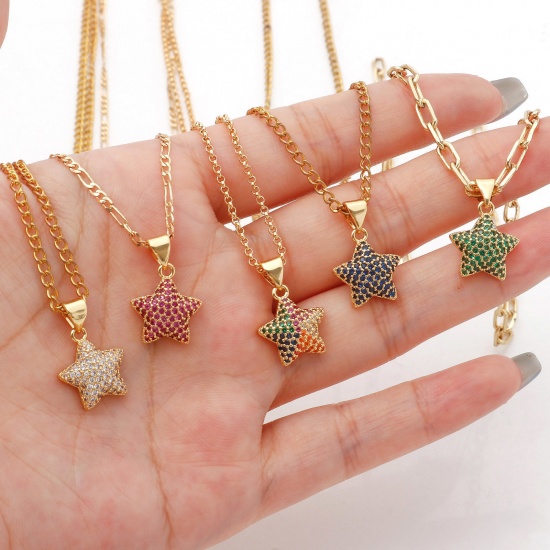 Immagine di 1 Pz Ottone Galassia Ciondoli Pendenti Stella a Cinque Punte Oro Placcato Micro Spianare Multicolore Cubic Zirconiae 19mm x 13mm