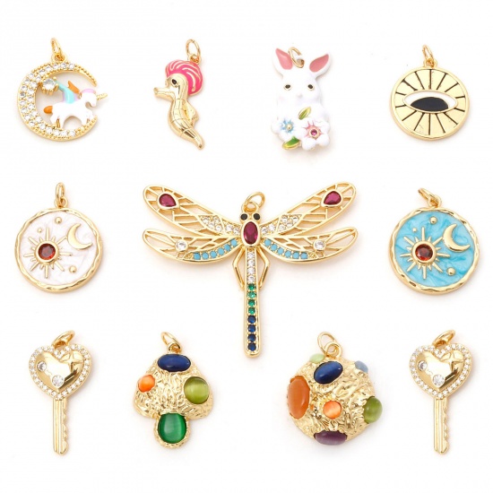 Picture of Brass Charms Gold Plated Dragonfly Animal Sun & Moon Multicolour Cubic Zirconia