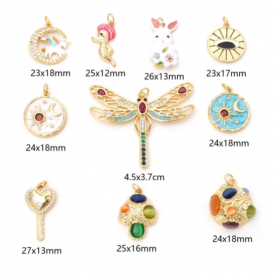 Picture of Brass Charms Gold Plated Dragonfly Animal Sun & Moon Multicolour Cubic Zirconia