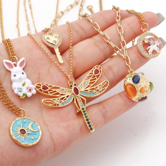 Picture of Brass Charms Gold Plated Dragonfly Animal Sun & Moon Multicolour Cubic Zirconia