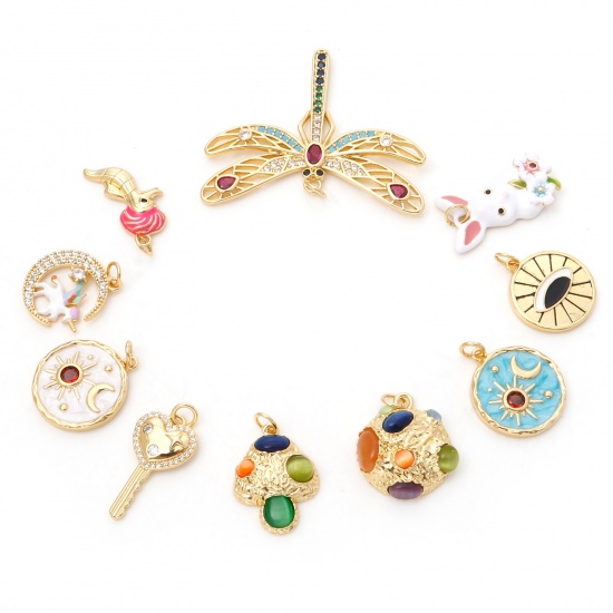 Picture of Brass Charms Gold Plated Dragonfly Animal Sun & Moon Multicolour Cubic Zirconia