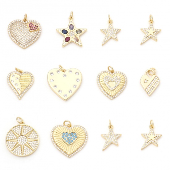 Picture of Brass Charms Gold Plated Heart Star Micro Pave Multicolour Cubic Zirconia