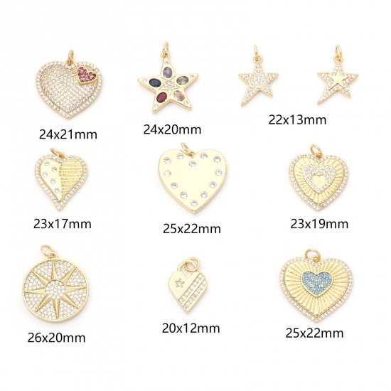 Picture of Brass Charms Gold Plated Heart Star Micro Pave Multicolour Cubic Zirconia