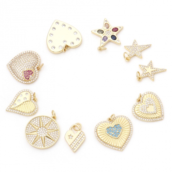 Picture of Brass Charms Gold Plated Heart Star Micro Pave Multicolour Cubic Zirconia