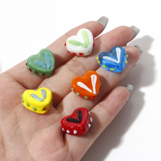 Picture of Lampwork Glass Valentine's Day Beads Heart Multicolor Dot About 17mm x 15mm