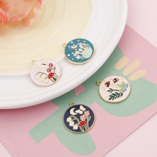 Picture of Zinc Based Alloy Charms Gold Plated Multicolor Round Flower Mushroom Enamel 28mm x 25mm