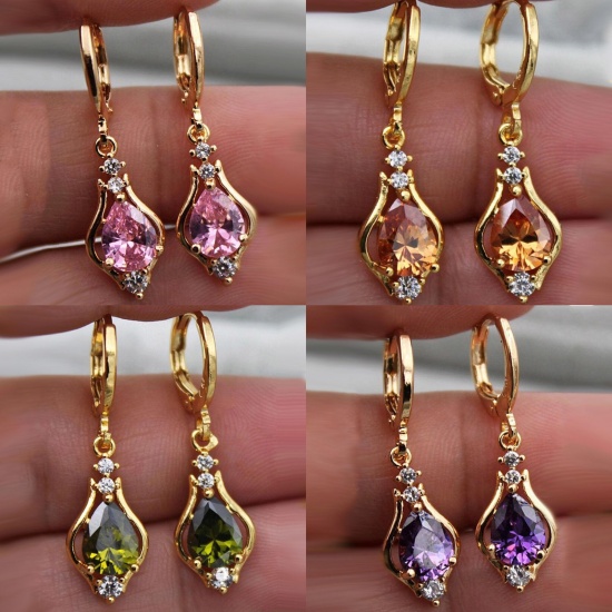 Picture of Brass Stylish Earrings Gold Plated Drop Multicolour Cubic Zirconia 3.2cm x 0.9cm                                                                                                                                                                              