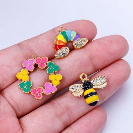 Picture of 304 Stainless Steel Charms Gold Plated Flower Bee Enamel Clear Rhinestone 