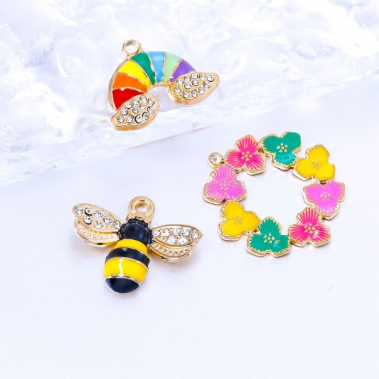 Picture of 304 Stainless Steel Charms Gold Plated Flower Bee Enamel Clear Rhinestone 