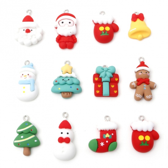 Picture of Resin Christmas Charms Christmas Tree Christmas Santa Claus Silver Tone Multicolor