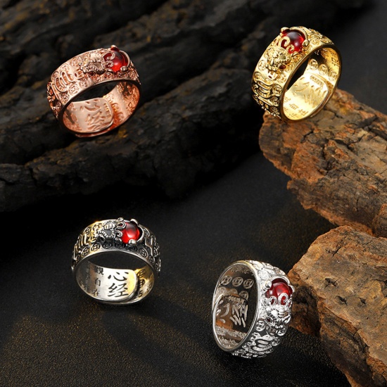 Picture of Brass Religious Open Adjustable Rings Chinese Beast Pi Xiu Buddhist Six Words Mantra Red Imitation Gemstones                                                                                                                                                  