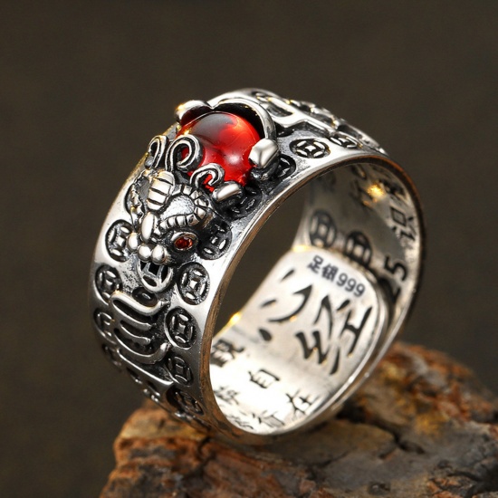 Picture of Brass Religious Open Adjustable Rings Chinese Beast Pi Xiu Buddhist Six Words Mantra Red Imitation Gemstones                                                                                                                                                  