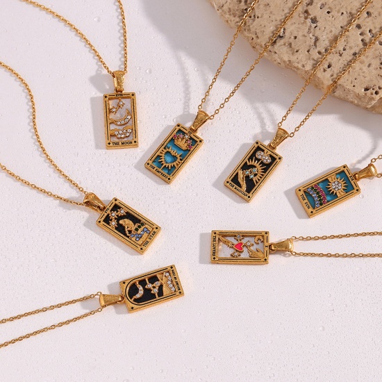 Picture of 304 Stainless Steel Tarot Link Cable Chain Necklace Gold Plated Rectangle Enamel 40cm(15 6/8") long