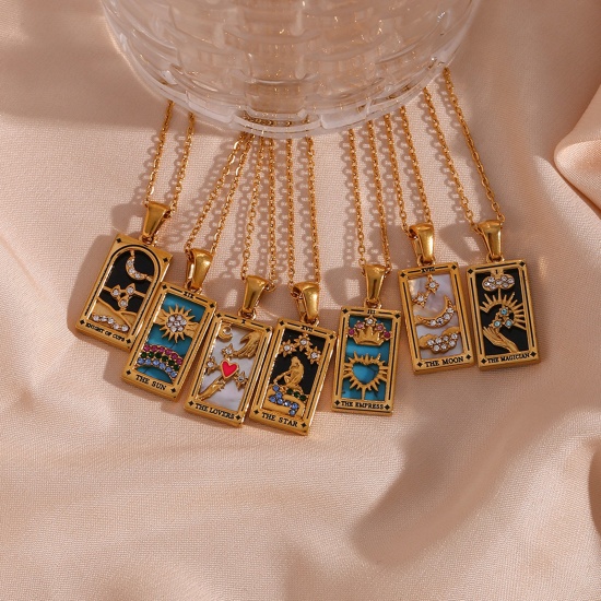 Picture of 304 Stainless Steel Tarot Link Cable Chain Necklace Gold Plated Rectangle Enamel 40cm(15 6/8") long