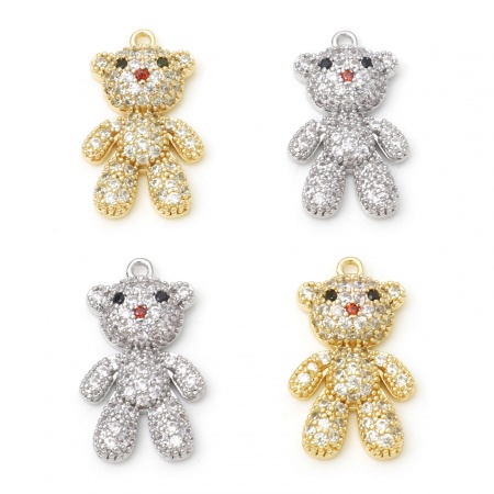 Brass Micro Pave Charms Bear Animal Real Gold Plated Clear Cubic Zirconia 26mm x 15mm