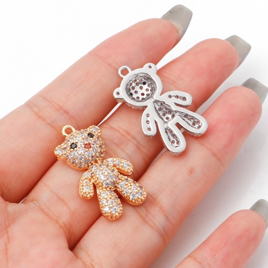 Picture of Brass Micro Pave Charms Bear Animal Real Gold Plated Clear Cubic Zirconia 26mm x 15mm                                                                                                                                                                         