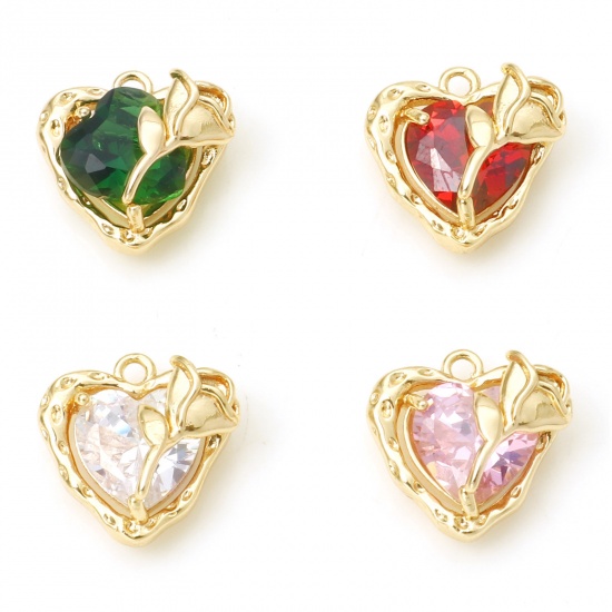 Imagen de Latón día de San Valentín Colgantes Charms Corazón Oro Real Chapado Rosa Multicolor Circón Artificial 13mm x 13mm, 2 Unidades