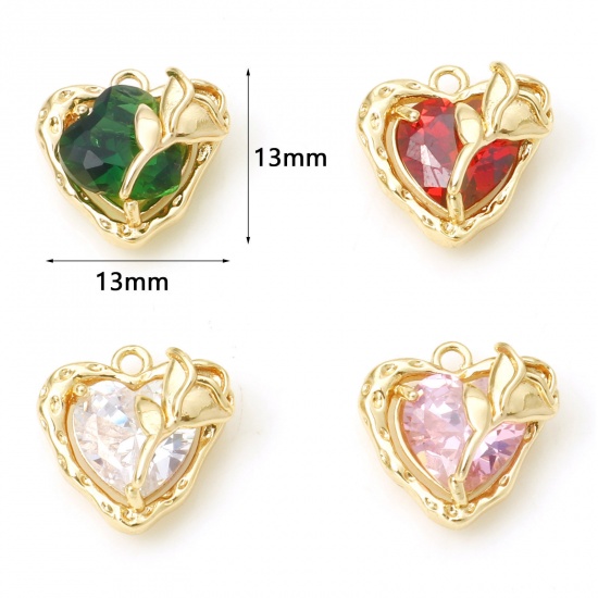 Imagen de Latón día de San Valentín Colgantes Charms Corazón Oro Real Chapado Rosa Multicolor Circón Artificial 13mm x 13mm, 2 Unidades