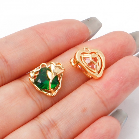 Imagen de Latón día de San Valentín Colgantes Charms Corazón Oro Real Chapado Rosa Multicolor Circón Artificial 13mm x 13mm, 2 Unidades