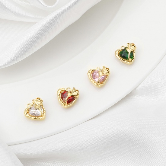 Imagen de Latón día de San Valentín Colgantes Charms Corazón Oro Real Chapado Rosa Multicolor Circón Artificial 13mm x 13mm, 2 Unidades