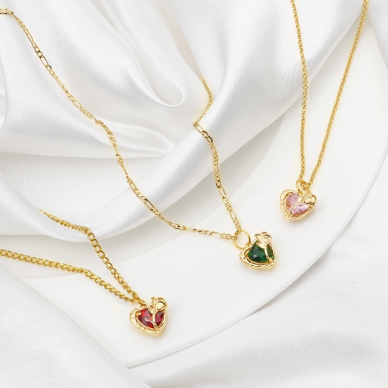 Imagen de Latón día de San Valentín Colgantes Charms Corazón Oro Real Chapado Rosa Multicolor Circón Artificial 13mm x 13mm, 2 Unidades