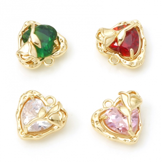 Imagen de Latón día de San Valentín Colgantes Charms Corazón Oro Real Chapado Rosa Multicolor Circón Artificial 13mm x 13mm, 2 Unidades