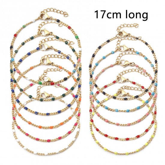 Picture of 304 Stainless Steel Cuban Link Chain Bracelets Gold Plated Multicolor Enamel 17cm(6 6/8") long